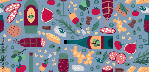 Wine pattern. Delicious food, cheese, grape and bottle, cork for festival of france, sausage and alcohol glass. Decor textile, wrapping paper, wallpaper design. Vector seamless design