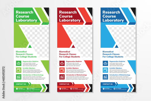 collection of banner roll up design, science concept. Graphic template for exhibitions, banners for seminar, layout for placement of photos. Universal stand for conference, promo vector background.