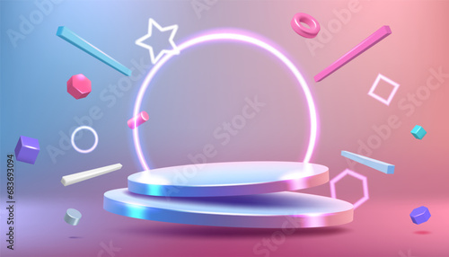 3d podium. Product platform holographic effect, stage in neon party lights, pedestal award winner, studio scene. Glowing ring. Pink gradient. Advertising backdrop. Vector background