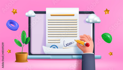 3D document. Contract signature. Hand signing on laptop or paper. Law license in computer. Arm writes with pencil. Online agreement. Approval sign. Vector render digital certificate