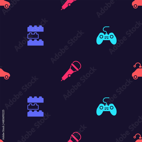 Set Gamepad, Toy building block bricks, Microphone and Radio controlled car toy on seamless pattern. Vector