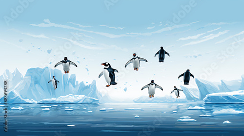 A group of penguins jumping out of the water