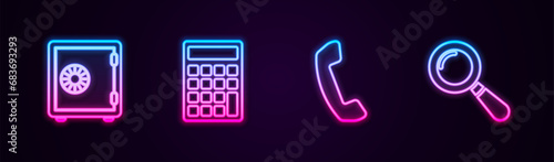 Set line Safe, Calculator, Telephone handset and Magnifying glass. Glowing neon icon. Vector