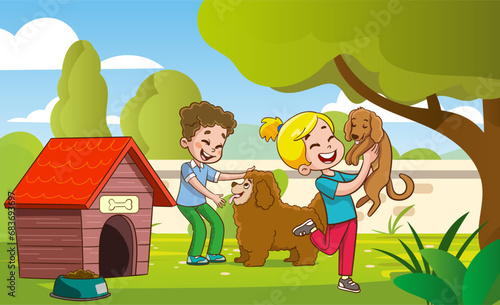vector illustration of children playing and loving with dog