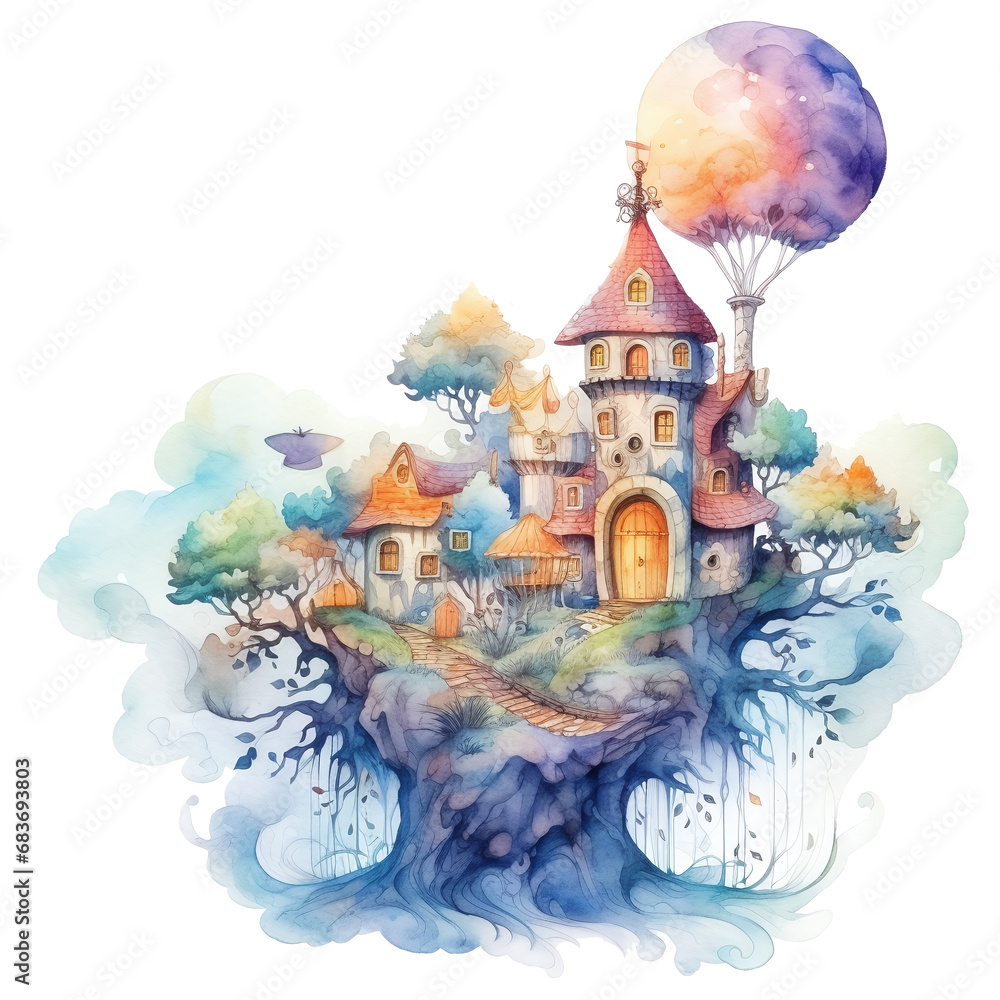 A house of fairy tales with a magic castle in watercolor painting. A magical castle in pastel color. Historical imagination monument and memorial. Illustration isolated on a white background.