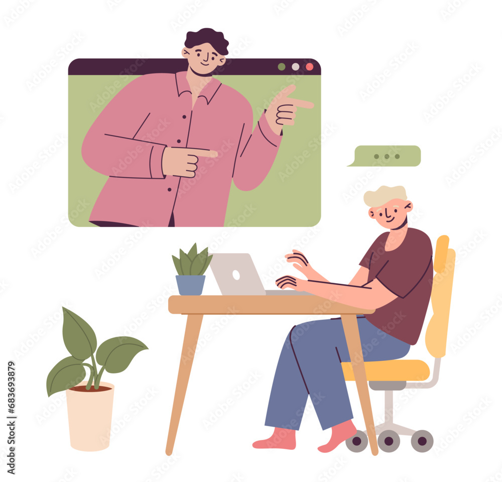 Video call. Man sitting at computer. Digital communication. Network technology. Internet remote talking. Friends conversation. Web conference. Corporate teleconference. Vector concept