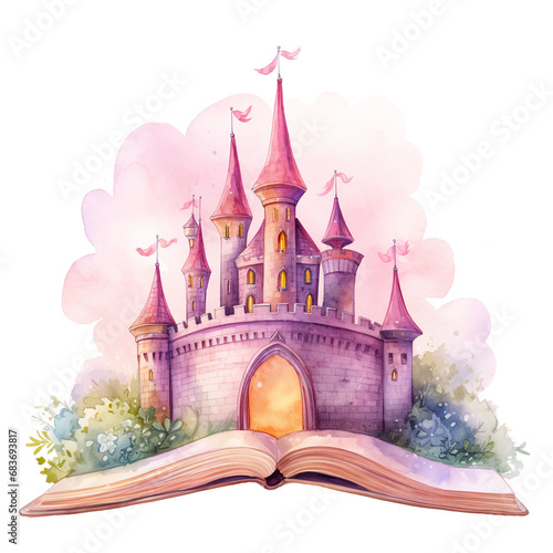 A book of fairy tales with a magic castle in watercolor painting. A magical castle in pastel color. Historical imagination monument and memorial. Illustration isolated on a white background.