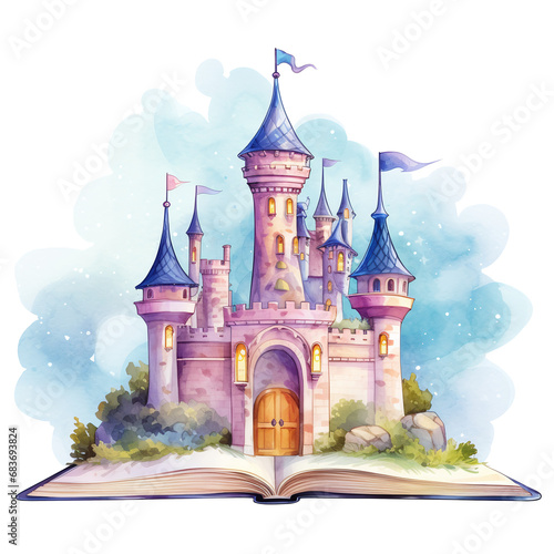 A book of fairy tales with a magic castle in watercolor painting. A magical castle in pastel color. Historical imagination monument and memorial. Illustration isolated on a white background.