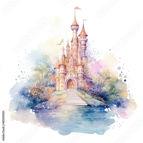 A house of fairy tales with a magic castle in watercolor painting. A magical castle in pastel color. Historical imagination monument and memorial. Illustration isolated on a white background.