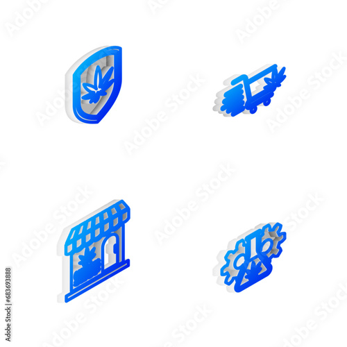 Set Isometric line Shopping cart with marijuana, Shield and, Marijuana cannabis store and Test tube icon. Vector