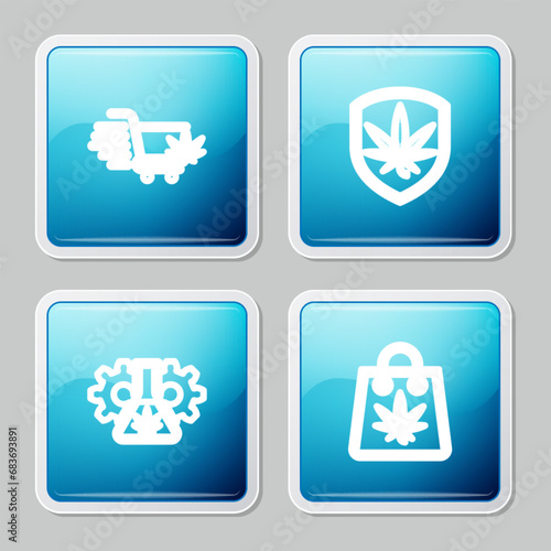 Set line Shopping cart with marijuana, Shield and, Test tube and bag of icon. Vector