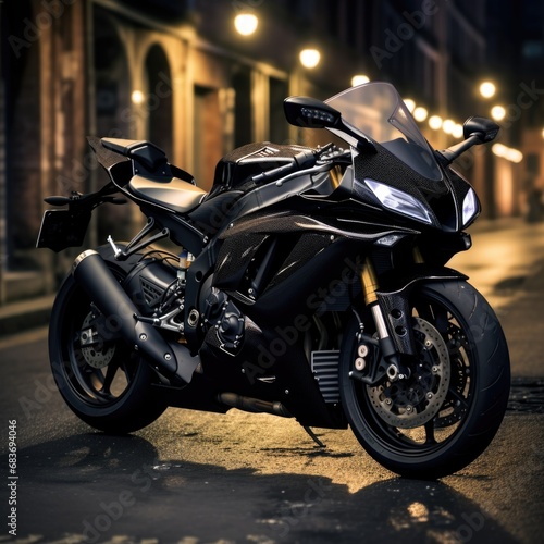 Vertical shot of a Yamaha R6 sports motorcycle parked on a pavement in Melbourne, Australia photo