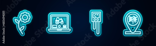 Set line Flower, Laptop application for smart farm, Temperature and humidity sensor and Location tree. Glowing neon icon. Vector