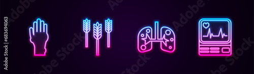 Set line Hand with psoriasis or eczema, Wheat, Lungs and Monitor cardiogram. Glowing neon icon. Vector