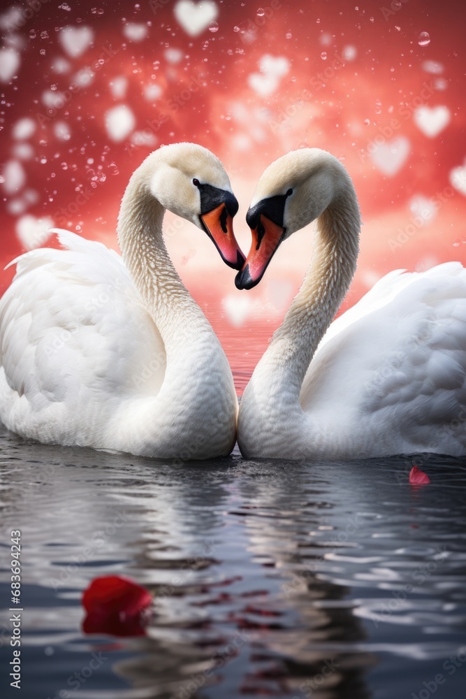 Fototapeta premium Romantic swan couple with heart shapes on Valentine's Day