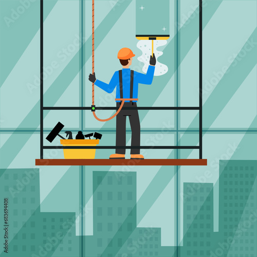 Person cleaning windows skyscrapers with cleaning tools. Man in uniform cleaning window. Cartoon vector illustration 