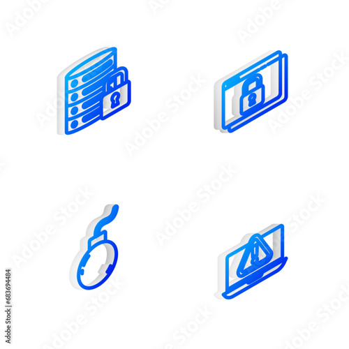 Set Isometric line Secure your site with HTTPS, SSL, Server security lock, Bomb ready to explode and Laptop exclamation mark icon. Vector © vector_v