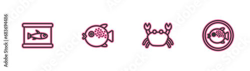 Set line Canned fish, Crab, Puffer and on plate icon. Vector