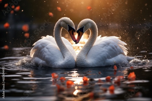 Romantic swan couple with heart shapes on Valentine's Day