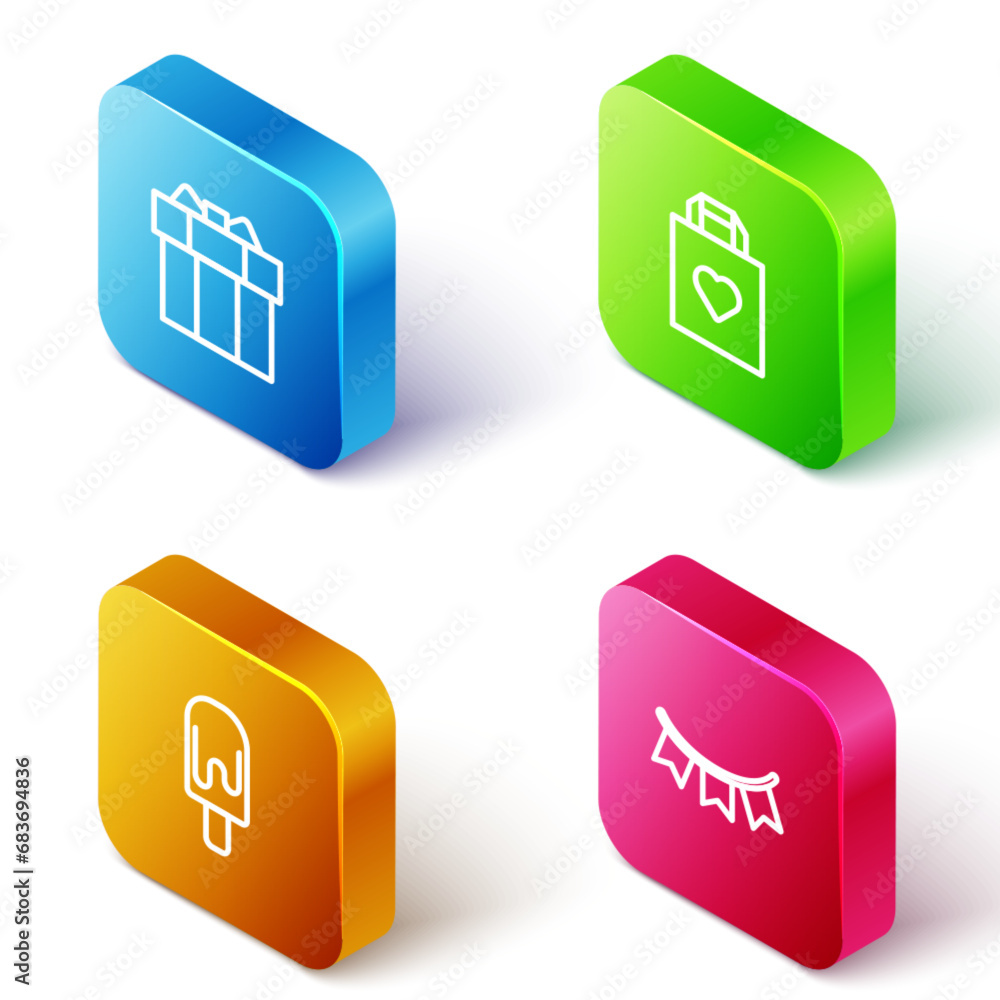 Set Isometric line Gift box, Shopping bag with heart, Ice cream and Carnival garland flags icon. Vector Set Isometric line Gift box, Shopping bag with heart, Ice cream and Carnival garland flags icon. Vector