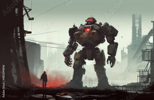 Digital illustration painting design style a giant robot repairing in abandoned dock, against abandoned city, Generative AI