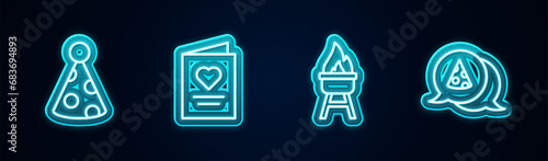 Set line Party hat, Postcard with heart, Barbecue grill and Slice of pizza. Glowing neon icon. Vector