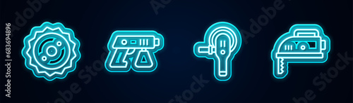 Set line Circular saw blade, Paint spray gun, Angle grinder and Electric jigsaw. Glowing neon icon. Vector