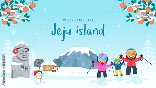 Welcome to Jeju Island vector illustration. Family skiing holidays in winter landscape background