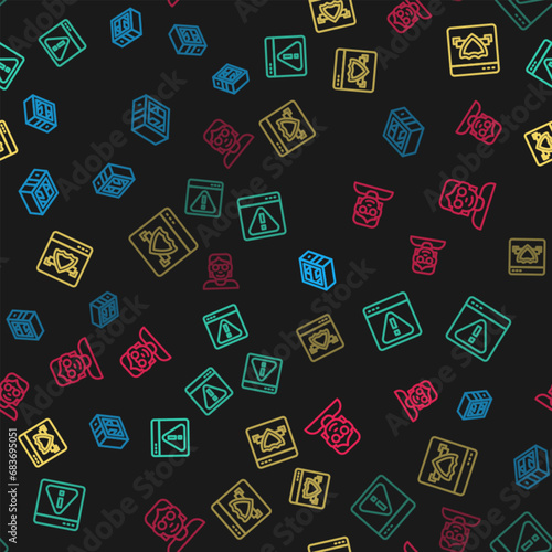 Set line Computer, Browser with exclamation mark, shield and Hacker or coder on seamless pattern. Vector