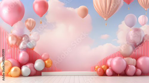 Balloon backdrop for anniversary and celebration podium on sweet pastel tone with sky background.