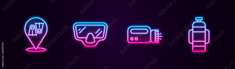Set line Flippers for swimming, Diving mask, Flashlight diver and Aqualung. Glowing neon icon. Vector Set line Flippers for swimming, Diving mask, Flashlight diver and Aqualung. Glowing neon icon. Vector