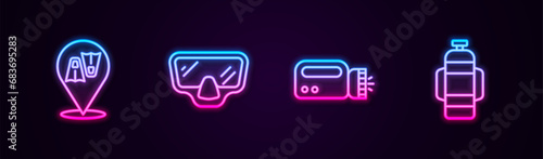 Set line Flippers for swimming, Diving mask, Flashlight diver and Aqualung. Glowing neon icon. Vector
