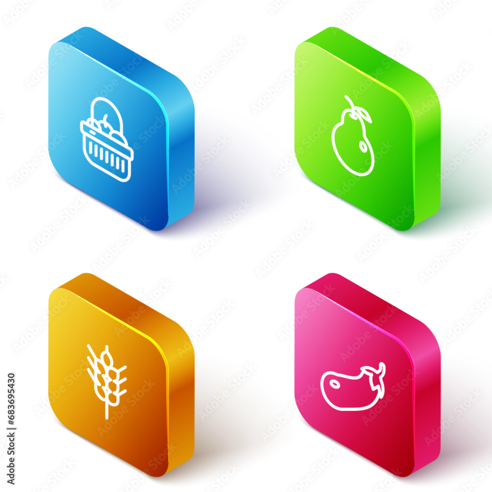 Set Isometric line Basket and food, Pear, Wheat and Eggplant icon. Vector Set Isometric line Basket and food, Pear, Wheat and Eggplant icon. Vector