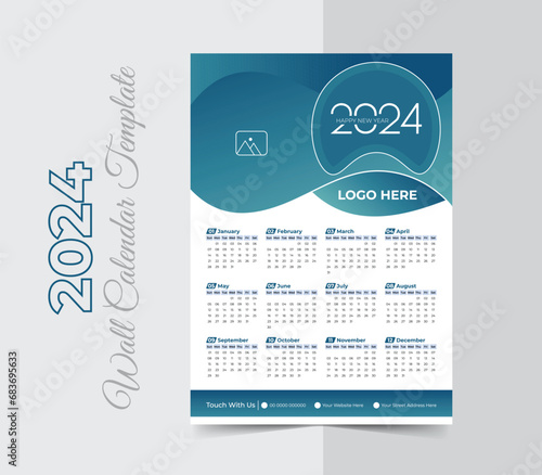 Single page modern calendar 2024 design template, happy new year 2024 calendar design, One Page Wall Calendar Design,  A4 Size
