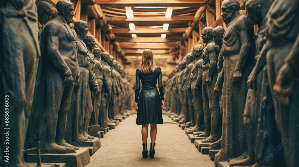 woman in black standing amid a corridor of stoic statues under wooden beams.ai generated - obrazy, fototapety, plakaty 