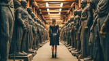 woman in black standing amid a corridor of stoic statues under wooden beams.ai generated