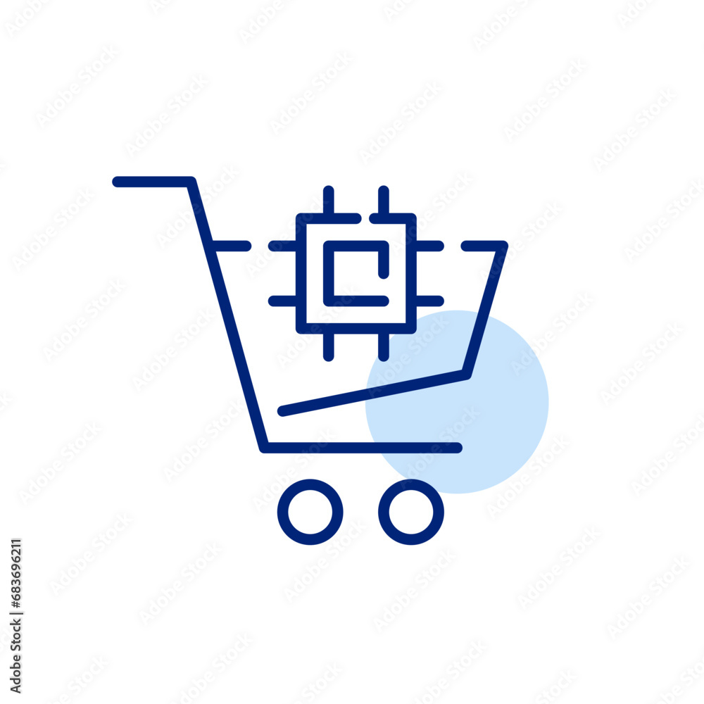 Smart shopping cart with microchip. Contactless shopping. Pixel perfect, editable stroke icon Smart shopping cart with microchip. Contactless shopping. Pixel perfect, editable stroke icon