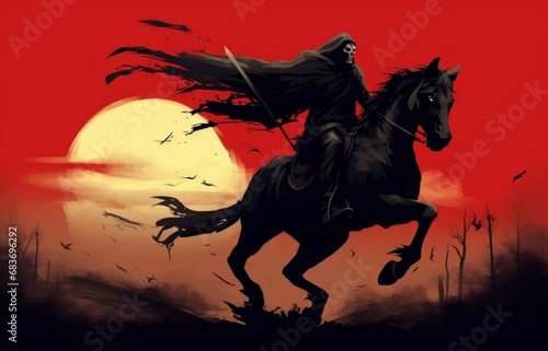 Digital illustration painting design style reaper riding the black horse  against life after dead  Generative AI