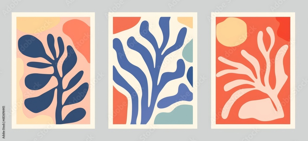 Set of abstract cover background inspired by matisse. Plants, leaf branch, coral in hand drawn style. Contemporary aesthetic illustrated design for wall art, decoration, Generative AI