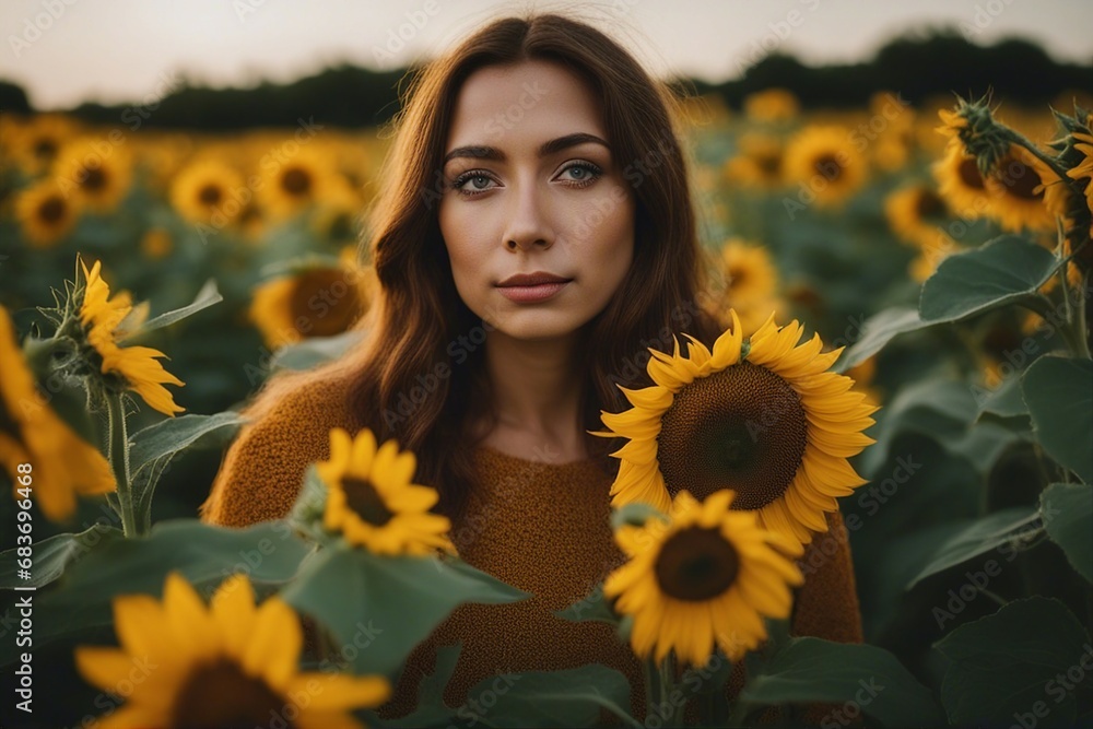 Sunny Beautiful and attractive young woman posing in field of sunflowers. Generative AI Sunny Beautiful and attractive young woman posing in field of sunflowers. Generative AI