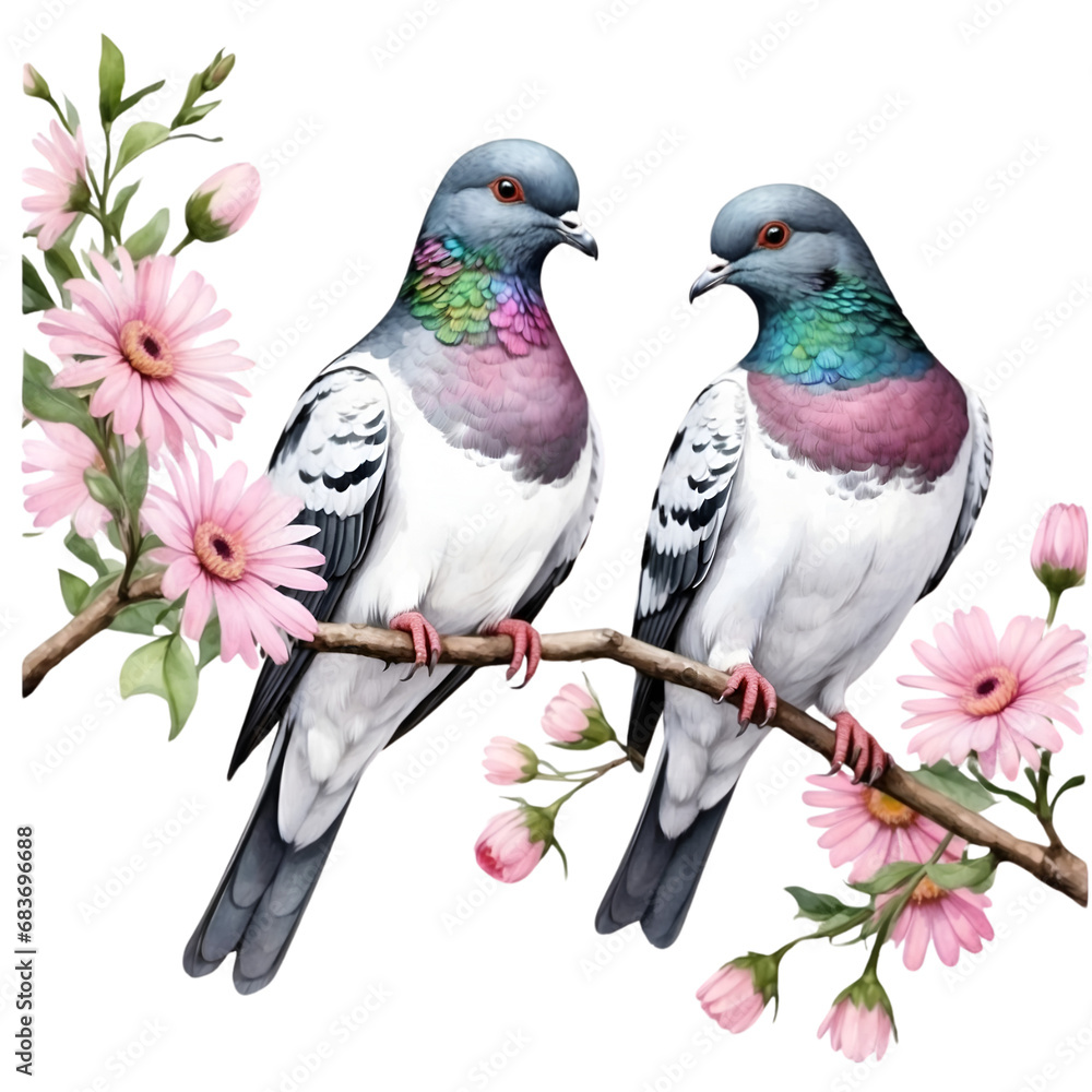 Fototapeta premium Watercolor illustration of pigeons couple standing on a pink flower branch. Creative graphics design. Beautiful elements for decoration. 