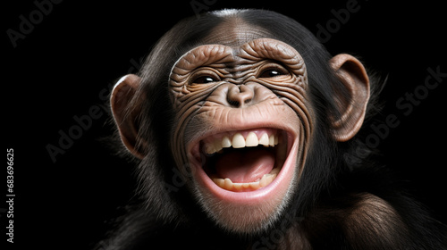 Close up portrait of a happy offspring chimpanzee with a silly grin. generative ai