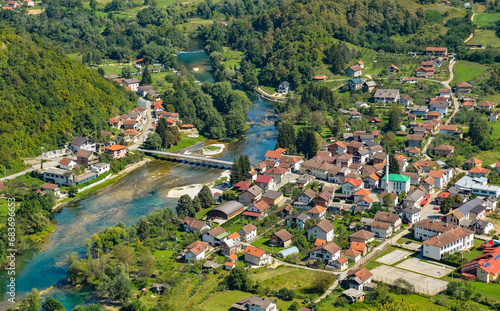 Kulen Vakuf Village and the River Una in the Una National Park. Una-Sana Canton, Federation of Bosnia and Herzegovina. Viewed from Ostrovica Castle which overlooks the village