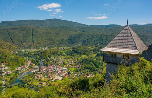 Kulen Vakuf Village and the River Una in the Una National Park. Una-Sana Canton, Federation of Bosnia and Herzegovina. Viewed from Ostrovica Castle which overlooks the village