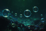Underwater Ballet: Graceful Green Coral and Shimmering Bubbles in Captivating Illumination