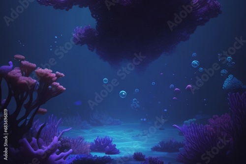 Sublime Seabed: Beautiful Bubbles and Purple Coral Bathed in Gentle Underwater Light photo