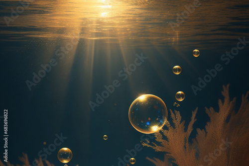 Oceanic Elegance: Beautiful Bubble and Coral Extravaganza in Subaquatic Light photo
