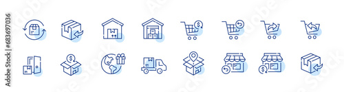 Store orders shipment. Door to door delivery, return and refund services. Pixel perfect, editable stroke icon
