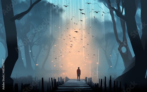 Digital illustration painting design style man standing on the pier against flyflies and big trees, Generative AI