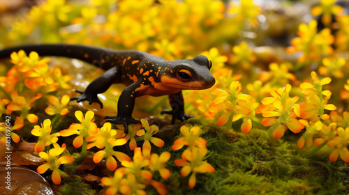 Colorful picture of Triturus vulgaris or smooth newt walking over plants. generative ai photo